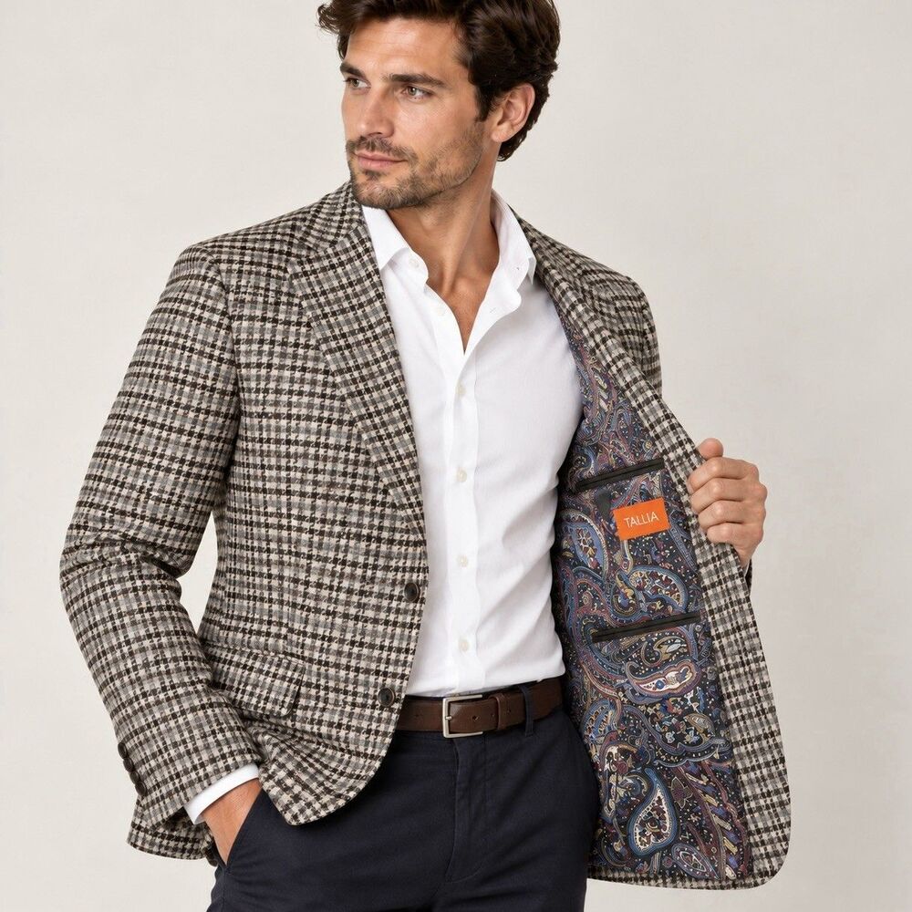 TALLIA Blazer 44R Brown Houndstooth Wool Blend Paisley Lining Sport Coat